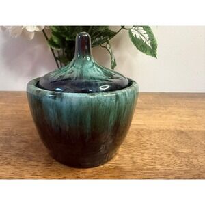 Vintage Blue Mountain Pottery Canada Green Black Drip Glaze Lidded Bowl Retro